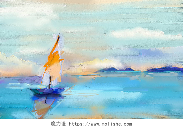 现代油画海上行驶的船帆色彩艳丽的油画在帆布纹理上.具有阳光背景的海景绘画的印象派形象。现代油画与船，航行在海上。背景的当代艺术摘要